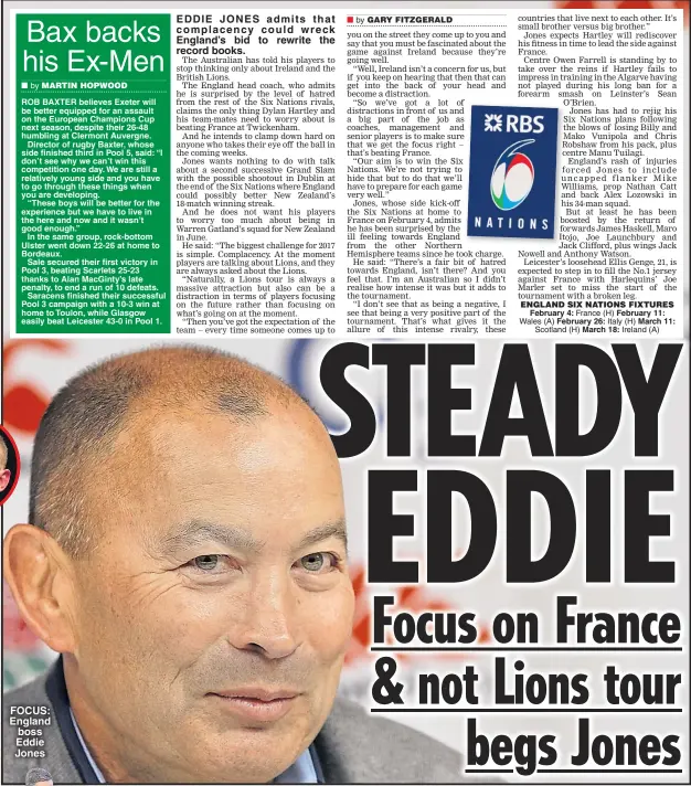  ??  ?? FOCUS: England boss Eddie Jones EDDIE JONES admits that complacenc­y could wreck England’s bid to rewrite the record books.