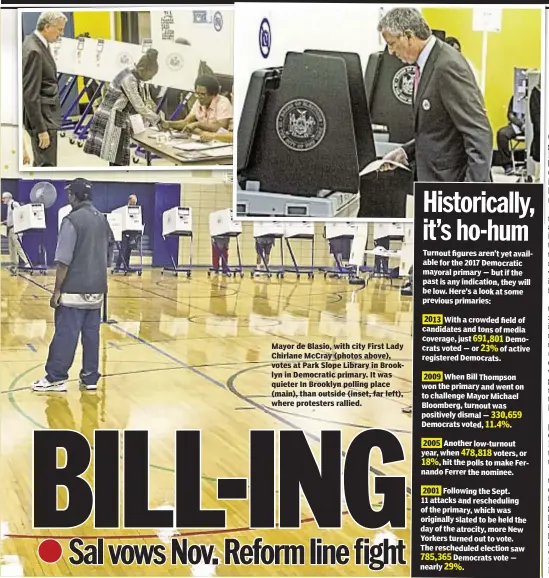  ??  ?? Mayor de Blasio, with city First Lady Chirlane McCray (photos above), votes at Park Slope Library in Brooklyn in Democratic primary. It was quieter In Brooklyn polling place (main), than outside (inset, far left), where protesters rallied.