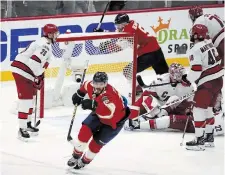  ?? LYNNE SLADKY THE ASSOCIATED PRESS ?? Florida Panthers winger Matthew Tkachuk reacts after scoring the game-winning goal against the Carolina Hurricanes in the waning seconds of the third period of Game 4 of the NHL’s Eastern Conference final Wednesday night in Sunrise, Fla.