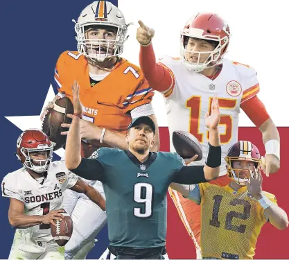  ??  ?? CLOCKWISE FROM TOP LEFT: TEXAS TECH FRESHMAN MAVERICK MCIVOR BY YFAT YOSSIFOR/SAN ANGELO STANDARD-TIMES; PATRICK MAHOMES BY KIRBY LEE; COLT MCCOY BY GEOFF BURKE; NICK FOLES BY ERIC HARTLINE; KYLER MURRAY BY JASEN VINLOVE, ALL USA TODAY SPORTS.