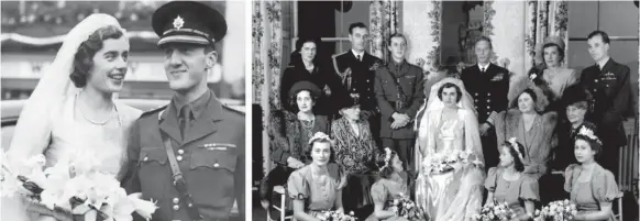  ??  ?? CELEBRATIN­G MEMORIES: (Above left) Patricia Mountbatte­n and John Brabourne on their wedding day; and their friends and family, including the Queen (right) who was a bridesmaid in the ceremony
(above right)
the couple with