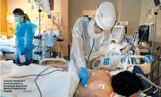  ?? Photo / AP ?? A doctor checks on a Covid-19 patient at Providence Holy Cross Medical Centre in Los Angeles.