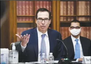  ?? ASSOCIATED PRESS ?? Treasury Secretary Steven Mnuchin speaks during a Senate Small Business and Entreprene­urship hearing Wednesday on Capitol Hill in Washington to examine implementa­tion of Title I of the CARES Act.