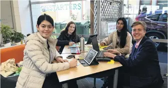  ?? PHOTO: LINDA ROBERTSON ?? The future . . . Working on their business presentati­ons during a Latin America Centre of Asia Pacific Excellence session at Startup Dunedin are (from left) Gabriela Navia, of Auckland, Tara Lingard, of Hamilton, Manmeet Singh, of Auckland, and Ethan Mackay, of Kapiti Coast (all 17).