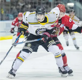  ??  ?? The Grizzlies’ Alex Campbell fends off check by Bulldogs’ Darren Rizzolo Friday night in Colwood at The Q Centre.