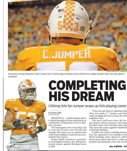  ?? STAFF PHOTOS BY C.B. SCHMELTER ?? Tennessee starting linebacker Colton Jumper from Chattanoog­a and Baylor School will end his college football career Saturday against Vanderbilt.