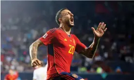  ?? ?? Joselu celebrates after giving Spain a 2-1 lead against Italy. Photograph: Wolfgang Rattay/ Reuters