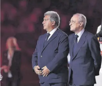  ?? // VALENTÍ ENRICH ?? Joan Laporta, presidente del FC Barcelona, y Florentino Pérez, presidente del Real Madrid