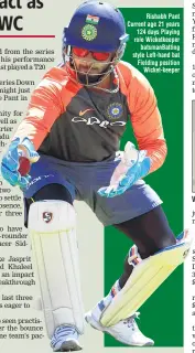  ??  ?? Rishabh Pant Current age 21 years 124 days Playing role Wicketkeep­er batsmanBat­ting style Left-hand bat Fielding position Wicket-keeper