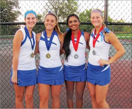  ?? SUBMITTED PHOTO ?? BCIAA flight one doubles finalists, from left, Alexis Cramer, Sammi Snyder, Sai Kurapati and Corrine Grohoski pose with the medals after the final Thursday. Cramer and Snyder defeated Grohoski and Kurapati. Below, Exeter’s Sammi Snyder displays her...