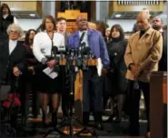  ?? PAUL SANCYA - THE ASSOCIATED PRESS ?? The Rev. Wendell Anthony, president of the Detroit Branch of the NAACP, speaks at a rally in Detroit, Monday. Clergy, Detroit elected leaders and community activists are calling for due process in support of U.S. Rep. John Conyers, D-Mich., who faces...