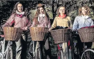  ??  ?? ●» The HandleBard­s girls with their bikes and baskets. They will perform Romeo and Juliet on the Fallowfiel­d Loop on Saturday, July 30