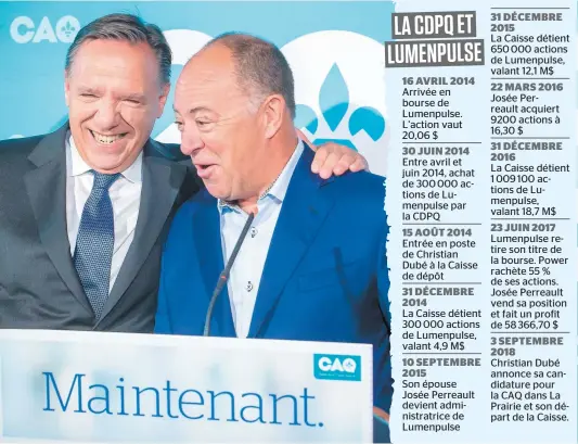  ?? PHOTO D’ARCHIVES ?? Christian Dubé (à droite), qu’on voit ici avec son chef François Legault, a quitté la Caisse au début du mois afin d’être candidat à la CAQ.