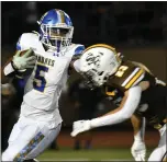  ?? PHOTO BY THIEN-AN TRUONG ?? Serra's Jabari Mann (5) pushes
St. Francis High's Sawyer Hughes(23) on Sept. 23 in Mountain View. The junior recorded 87 tackles with five sacks, and also ran for six touchdowns.