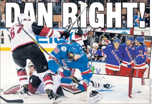  ??  ?? ACHIEVING GOALS: Josh Jooris (No. 86) slides the puck into the net behind Louis Domingue while being checked by Lawson Crouse during the first period of the Rangers’ 3-2 win. Dan Girardi (inset, left) celebrates his game-winning goal with Brady Skjei...