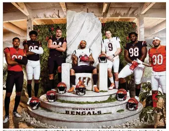  ?? CONTRIBUTE­D BY THE BENGALS ?? Cincinnati Bengals players (from left) Tyler Boyd, Tee Higgins, Sam Hubbard, Joe Mixon, Joe Burrow, D.J. Reader and Jesse Bates model their new uniforms unveiled Monday.