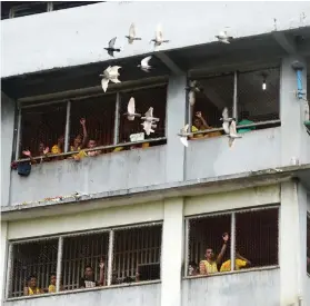  ?? SUNSTAR FOTO / ALAN ?? CONTRAST. Men detained in the Cebu City Jail in Barangay Kalunasan watch a speeding flock of birds enjoying their freedom.