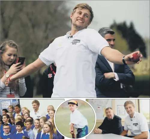  ?? PICTURES: SCOTT MERRYLEES ?? BACK HOME: Joe Root bowls for pupils at Dore Primary in Sheffield; posing for pictures with pupils; aged five; with former headteache­r Ian Wileman