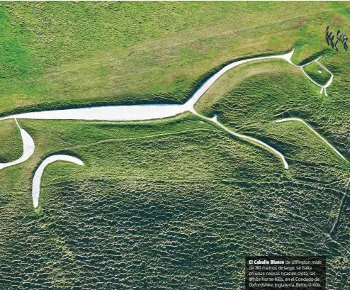  ?? ?? El Caballo Blanco de Uffington mide de 110 metros de largo, se halla en unas colinas ricas en creta, las White Horse Hills, en el Condado de Oxfordshir­e, Inglaterra, Reino Unido.