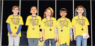  ?? City Schools
/ Calhoun ?? Above: Pictured are the thirdgrade team winners at the eighth annual Math Mania Competitio­n: Teegan Goeden, Alajondro Mendez, Caden Putnam, Anthony Alvarez and Brayden Webb. Left: Pictured are the third-grade individual winners at the eighth annual Math Mania Competitio­n: Henry Duggin, first place; Lilly Hayward, second place; and Addison White, third place.