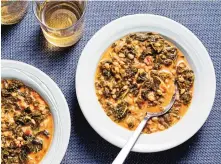  ??  ?? Toasting the farro before it’s simmered in liquid brings out even more flavor in farro, kale and peanut butter soup.