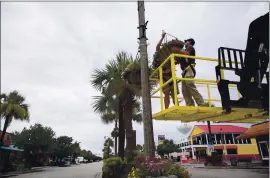  ?? JASON LEE — THE SUN NEWS VIA AP ?? City of North Myrtle Beach workers remove hanging plants on Main Street on Monday ahead of the expected arrival of Tropical Storm Isaias.