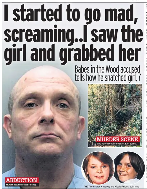  ??  ?? ABDUCTION Murder accused Russell Bishop VICTIMS MURDER SCENE Wild Park woods in Brighton, East Sussex