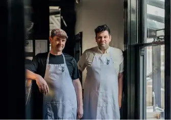  ??  ?? RIGHT TOP TO BOTTOM Cinderella's Frank Brewer and James Pask; a selection of starters from Cinderella's chef's menu: wood-fired bread and house cultured butter, autumn crudités, kahawai tonnato, cavolo nero pistou and Berkshire pork rillettes and green walnut mustard