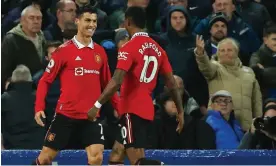  ?? Photograph: James Williamson/AMA/Getty Images ?? Cristiano Ronaldo celebrates with Marcus Rashford after scoring for Manchester United.