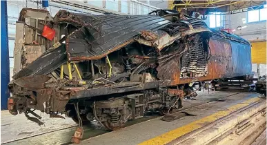  ?? RAIB ?? The burnt-out remains of power car No. 43140, which was leading the four-coach set in the Carmont tragedy. Some are now starting to question whether 1970s HSTs are still suitable for use on today’s railways.