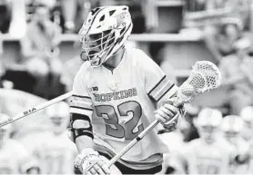  ?? RICH GRAESSLE/HANDOUT ?? Joey Epstein, pictured in 2019, scored five of his game-high six goals in the second quarter to help Johns Hopkins withstand Towson’s comeback attempt in the third quarter Friday night.