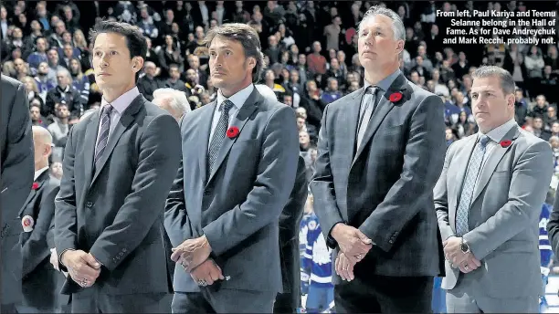  ??  ?? From left, Paul Kariya and Teemu Selanne belong in the Hall of Fame. As for Dave Andreychuk and Mark Recchi, probably not.
