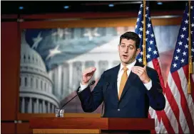  ?? ERIN SCHAFF / NEW YORK TIMES ?? House Speaker Paul Ryan speaks out against efforts by 11 House Republican­s to impeach Deputy Attorney General Rod Rosenstein, Thursday.