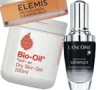  ??  ?? Elemis Pro-Collagen Cleansing Balm, Dh205 Lancôme Advanced Génifique, Dh390 Bio-Oil Dry Skin Gel, Dh75