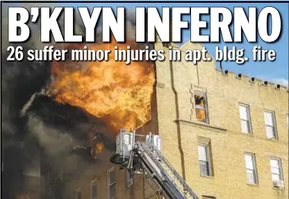  ??  ?? Bravest battle huge Sunset Park blaze Wednesday that was so big it could be seen on Staten Island. Below, tenants comfort one another outside the six-story building. The tenants had to flee down fire escapes.