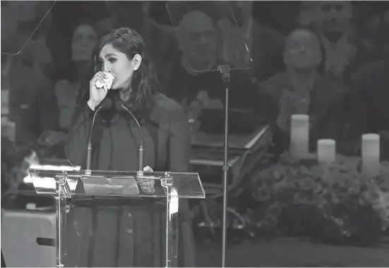  ?? ROBERT HANASHIRO/USA TODAY SPORTS ?? Vanessa Bryant weeps while delivering her speech during the memorial to celebrate the life of Kobe Bryant and daughter Gianna Bryant at Staples Center.