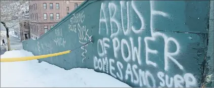  ?? TELEGRAM PHOTO ?? Graffiti on a wall in downtown St. John’s appeared this weekend in protest of the not-guilty verdict in RNC Const. Carl Snelgrove’s sexual assault trial.