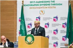  ?? — AFP ?? ADDIS ABABA: King of Morocco Mohammed VI delivers a speech in the main plenary of the African Union yesterday.