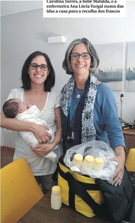  ??  ?? Carolina Torres, a bebé Mafalda, e a enfermeira Ana Lúcia Torgal numa das idas a casa para a recolha dos frascos