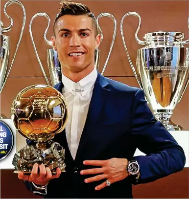  ??  ?? CRISTIANO RONALDO called it ‘the best year of my career’ as he wrapped up 2016 by being officially recognised as the world’s top player. The 31-year-old Real Madrid megastar was handed the Ballon d’Or for the fourth time after winning Euro 2016 with...