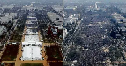  ?? Reuters/Lucas Jackson ?? Montagem mostra a multidão durante as posses de Trump (esq.) e Obama, em 2009; ambas foram tiradas em horário semelhante