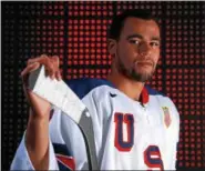  ?? PHOTO BY TOM PENNINGTON — GETTY IMAGES ?? PARK CITY, UT - Ice Hockey player Jordan Greenway poses for a portrait during the Team USA Media Summit ahead of the PyeongChan­g 2018Olympi­c Winter Games on in Park City, Utah.