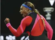  ?? HAMISH BLAIR — THE ASSOCIATED PRESS ?? Serena Williams reacts after winning a point against Simona Halep during their quarterfin­al match at the Australian Open in Melbourne, Australia, on Tuesday, Feb. 16.