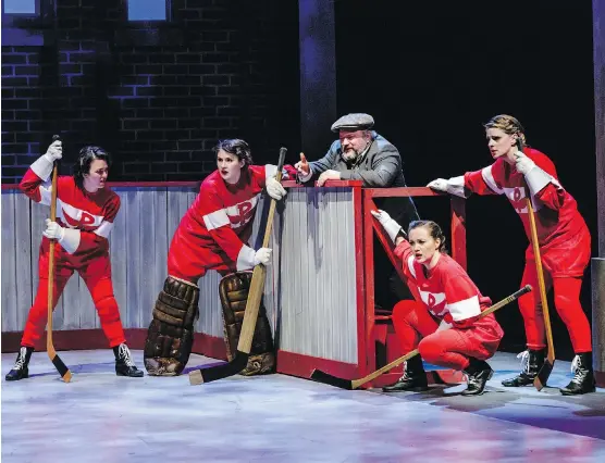  ?? BARBARA ZIMONICK ?? Katie Ryerson, Morgan Yamada, Kevin Corey, Gili Roskies and Kate Dion-Richard relive women’s hockey in the 1930s during Tracey Powers’ play Glory.