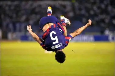  ?? MOISES CASTILLO —THE ASSOCIATED PRESS ?? The United States’ Antonee Robinson celebrates scoring his side’s opening goal against Honduras during a qualifying soccer match for the FIFA World Cup Qatar 2022 in San Pedro Sula, Honduras on Sept. 8.