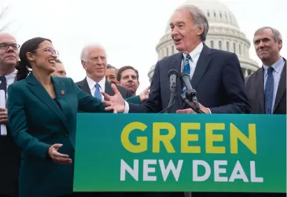 ?? GETTY IMAGES PHOTOS ?? NOT SO FAST: Sen. Edward Markey, above center, proposed Green New Deal legislatio­n with fellow Democrats but now is fighting efforts by Senate Majority Leader Mitch McConnell (R-Kentucky), top right, to bring it to a vote soon.