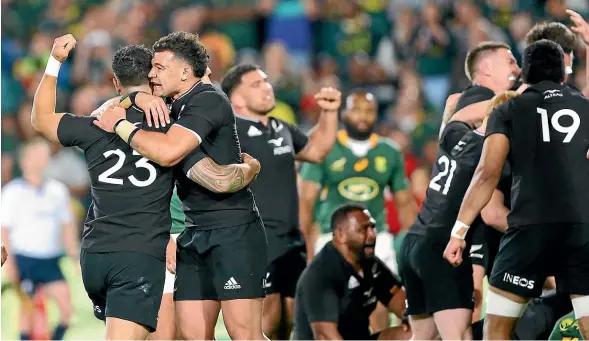  ?? ?? All Blacks players celebrate their win over the Springboks at Ellis Park, a victory that had a strong Crusaders flavour to it.