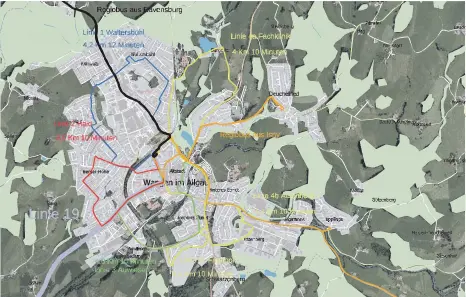  ??  ?? Die Karte zeigt die möglichen künftigen vier Stadtbusli­nien sowie die Anbindung der Regiobusse.