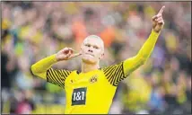  ?? ?? In this file photo, Dortmund’s Erling Haaland celebrates after scoring a penalty during the German Bundesliga soccer match between Borussia Dortmund and FSV Mainz 05 in Dortmund, Germany, Saturday, Oct. 16, 2021. (AP)