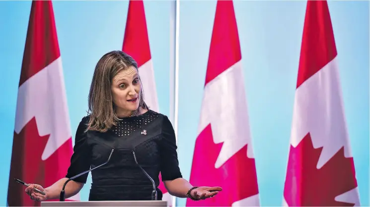  ?? RONALDO SCHEMIDT / AFP / GETTY IMAGES ?? Canadian Minister of Foreign Affairs Chrystia Freeland has vowed the country would take “responsive measures to defend its trade interests.”